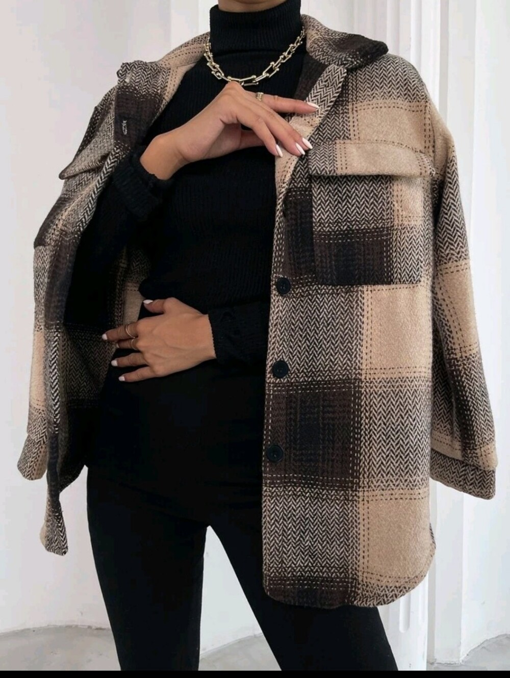 Plaid Button-Up Shacket Jacket in Beige and Black